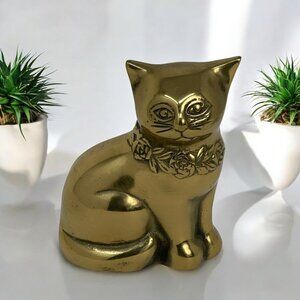 Vintage Brass Cat Figurine Decorative Paperweight  Seiden Floral Collar